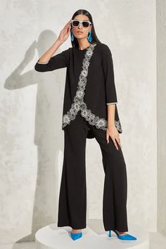 Shop for Namrata Joshipura Black Moss Crepe Wisteria Overlap Top And Pant Co-ord Set for Women Online at Aza Fashions Overlap Top, Elevated Casual, Top And Pants Set, Shirts Design, Indian Fashion Designers, Effortless Elegance, Co Ord Set, Crepe Fabric, Cotton Top