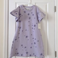 Brand New Beautiful Dress With Stars Print Relaxed Fit Short Sleeve Bedtime Dress, Cotton Crew Neck Sleep Dress, Casual Spring Dress With Star Print, Cute Cotton Dress With Crew Neck, Purple Crew Neck Dress For Spring, Dress With Stars, Caroline Dress, Girls Fall Dresses, Dress With Flutter Sleeves