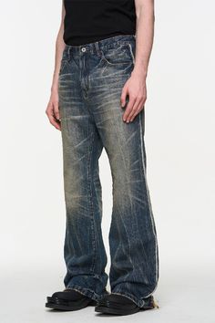 Discover the perfect blend of style and comfort with the Blue Washed Heavy Whiskered Jeans from BLIND/NO PLAN's Spring/Summer '24 collection. Made from 95% cotton and 5% viscose, these jeans feature an oversized fit, ensuring maximum comfort. Easy to care for, simply machine or hand wash with water under 40°C, avoid bleach, and iron reversed on low temperature. Size Waist (cm) Hip (cm) Length (cm) Thigh (cm) XS 72 92 106 56 S 78 98 109 59 M 82 102 111 61 L 86 106 113 63 Casual Indigo Flare Jeans, Indigo Cotton Bottoms For Streetwear, Casual Indigo Cotton Flare Jeans, Urban Blue Cotton Flare Jeans, Blazer And T Shirt, Cami Shirt, Varsity Jacket Men, Shorts Sweatpants, Denim Trousers