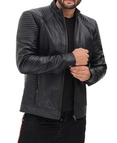 Description Add a stunning element to your casual outfit with this Men Fitted Genuine Leather Jacket. It's designed to fit like a glove and features some attractive details that can never go unnoticed. Attributes include polyester lining, decorative seams throughout, press-stud collar, and four external functional pockets. Features: Outside: Genuine Sheepskin Leather Inside: Soft and Smooth Polyester Lining Pockets Style: Two waist pockets and 2 internal pockets. Jacket Style: Jacket with lining Fitted Black Biker Jacket For Winter, Leather Jacket Details, Real Leather Jacket, Fashion Suits For Men, Genuine Leather Jackets, Men Fits, Mens Casual Outfits, Leather Jacket Men, Quilted Leather