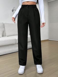 Black Casual Collar  Fabric Plain Tapered/Carrot Embellished Non-Stretch  Women Clothing Green Pants Outfit, Dark Green Pants, Womens Straight Leg Pants, Straight Fit Pants, Office Outfits Women, High Waist Pants, Style Noir, Women Pants, Casual Work Outfits