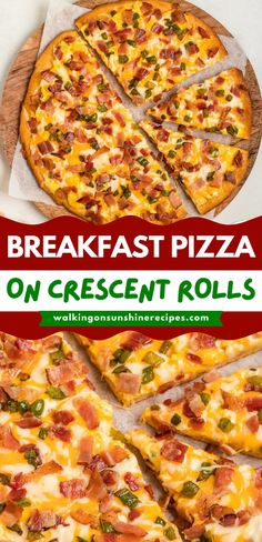 breakfast pizza on crescent rolls with bacon, cheese and green peppers is shown in this collage