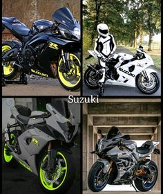 four different pictures of motorcycles with yellow rims and black, white, and grey colors