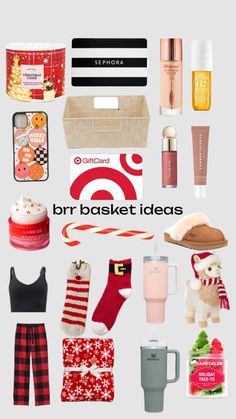 a bunch of items that are on top of a white background with the words bbr basket ideas