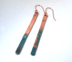 I designed our bronze earrings as a 7th anniversary gift, but they're really perfect for any occasion. Or why not just treat yourself? Our light weight earrings are forged from recycled copper and dipped in a natural solution which gives them this gorgeous verdigris patina on the ends. They are suspended from 14kt rose gold filled ear wires. The patina takes its own form making each earring unique and one of a kind, just like you! Our current processing time is about 10 business days. This is th Hand Forged Rust Earrings As Gift, Rust Hand Forged Earrings As Gift, Minimalist Electroformed Earrings For Gift, Hammered Copper Earrings For Gift, Earring Unique, 7th Anniversary Gifts, Bronze Earrings, 7th Anniversary, Copper Earrings