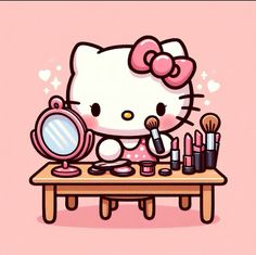 a hello kitty is sitting at a table with makeup and brushes