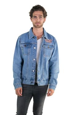 Men Looney Tunes Denim Trucker Jacket  Front Cartoon Nostalgia, Iconic Cartoon, Yearbook Pictures, Members Only Jacket, Vintage Cartoons, Looney Tunes Characters, Sitewide Sale, Denim Trucker Jacket, Jacket Denim