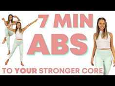 the 7 minute abs workout for women is shown in pink and white, with an image of