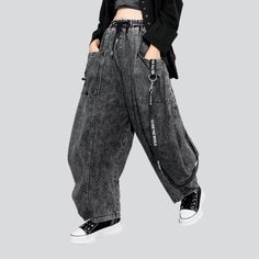 Welcome to the ultimate statement piece of 2023 Autumn Collection: grey baggy women's denim pants! Fusing vintage allure with today's spirited fashion pulse, this must-have piece exudes Y2K style with its high-waisted, drawstrings closure design. Whether you’re at a beachside party or a night out in town, these pants will instantly elevate your wardrobe with a timeless yet edgy look! Distinctive Features: Y2K Style: Bringing back the era of classic style with high-waisted, baggy silhouette. Vint Edgy Baggy High-waist Cargo Jeans, Edgy High Waist Baggy Cargo Jeans, Baggy Washed Black Jeans For Streetwear, Edgy Baggy Wide Leg Cargo Jeans, Baggy Gray Jeans For Streetwear, Edgy Baggy Wide Leg Jeans, Baggy Washed Black Cargo Jeans For Spring, Washed Black Baggy Cargo Jeans For Spring, Edgy Baggy High-waisted Jeans