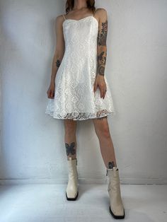 "- Vintage 90s white lace dress - Zipper up the backe - Polyester lace with acetate lining - Made in USA - Tagged 7 Bust: 16\" Waist: 13.5\" Length: 36\"" White Lace Party Dress, Lacy White Dress, Lace Party Dress, Lace Party Dresses, White Lace Dress, White Short Dress, Peasant Dress, Dress Zipper, Lace White Dress