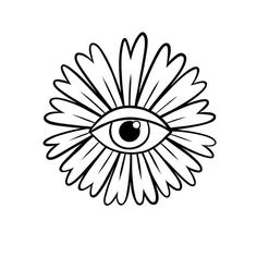 an all seeing flower with the eye drawn on it's petals in black and white