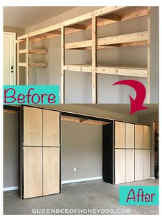 before and after photos of an unfinished garage with shelving in the process, including cabinets being built