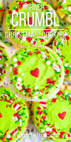 green crumbl christmas cookies with sprinkles and candy on the top