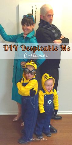 a man and two children wearing costumes with the caption diy desplatable me