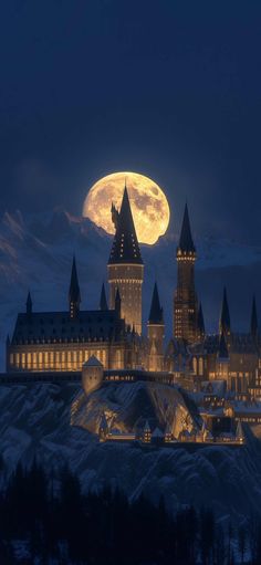 a castle lit up at night with the moon in the background