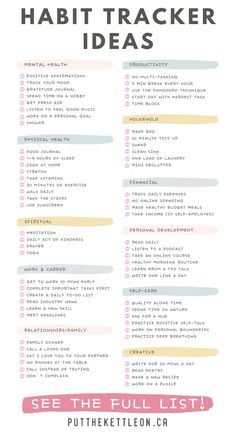 a printable habit tracker with the words habit tracker ideas on it and an image of a