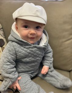 "Such a cute little newsboy or jockey white hat! Perfect for photos or a dress up occasion! Rigid little visor , all white twill fabric with a little Pom Pom on top. Wedding? Easter? New old stick. No size tag but there is a 12 or 13 on the tag. I don't think this means size since 13 is an odd number for baby hats. Inside band measures 17 1/2\" with a little elastic insert in back. Measures unstretched. For reference my little model has a head circumference of 17,5\" and is 7 months old. Inside Driving Hat, Dressy Hats, Hat Photo, Easter Hats, 7 Months, Newsboy Cap, White Hat, Wedding Hats, Hat Band