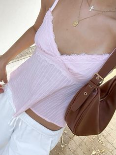 Pink Girly Outfits Aesthetic, Cute Summer Fits For School, Cute Outfits Coquette, Short Sleeve Top Outfit, Couqutte Aesthetic Outfits, Babydoll Aesthetic Outfits, Pink Striped Shirt Outfit, Coquette Summer Outfits, Pink Pastel Outfit