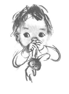 a drawing of a baby holding a toy in its mouth and looking at the camera