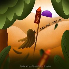 an illustration of a bird holding a sign that says save me