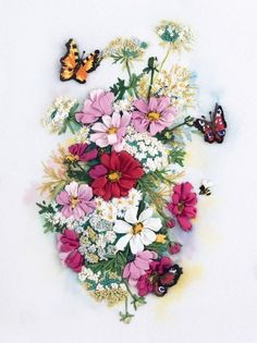 an arrangement of flowers and butterflies on a white background