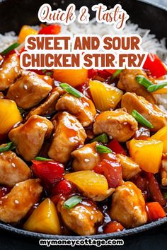 chicken and pineapple stir fry with rice in a skillet