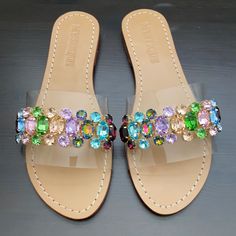 Mystique Jeweled Slide. Never Worn. Box And Dust Bag Included. I Don’t Know What Mystique Boutique Is, It Won’t Let Me List Just Mystique. Mystique Sandals, Golden Sandals, Boutique Shoes, Strappy Leather Sandals, White Leather Sandals, Rainbow Sandals, Fringe Sandals, Crystal Sandals, Jeweled Sandals