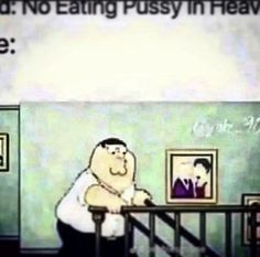 a man standing next to a railing with a painting on the wall behind him that says no eating pussyy in heaven