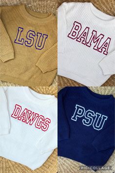 The perfect gift for any expecting sports fans. These are fully custom and can be made for any sport/team. Any word or team name can be used, shorter words tend to look best as I can make the letters larger, so under 8 characters is preferable. They also run a bit big/fit oversized so please order accordingly. These make a great gameday outfit or layering piece for cooler games and are adorable for pictures. I recommend washing on delicate and air drying to avoid any shrinking that may alter the Sports Sweater, Personalized Sweater, Diy Sweatshirt, Varsity Style, Sport Sweater, Short Words, Football Nfl, Sports Sweatshirts, Gameday Outfit