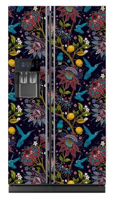 a blue refrigerator with colorful flowers and birds on the front, and two doors open