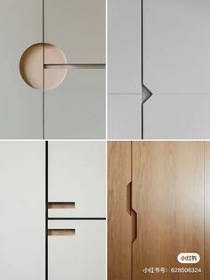 four different pictures of the doors and drawers in this room, each with an interesting design