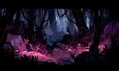 a dark forest filled with lots of purple plants