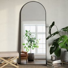 a mirror sitting on top of a wooden floor next to a potted green plant