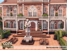 an animated image of a statue in front of a large building with steps and benches