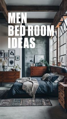 a bed room with lots of wooden furniture and pictures on the wall above it that says men bedroom ideas