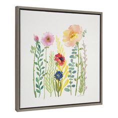 watercolor painting of colorful flowers on white paper with wood frame, mounted on wall