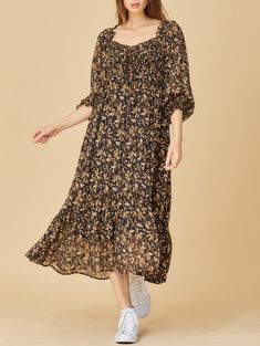 romantic floral midi dress - black Spring A-line Midi Dress With Smocked Bodice, Black Printed A-line Midi Dress, Daywear Midi-length Smocked Maxi Dress, Chic Mid-length Ditsy Floral Print Dress, Non-stretch Black Floral Print Midi Dress, Floral Midi Dress, Ruffle Trim, Black Midi Dress, Black Media