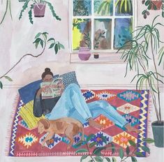 a painting of a woman sitting on a bed with her dog and reading a book