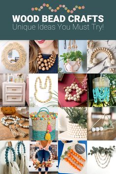 the cover of wood bead crafts unique ideas you must try, including baskets and necklaces