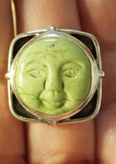 "Sterling Silver Ring with Lime Jasper carved Face. fault lines on face are natural . Size is adjustable from 7 up. The band has a opening right under the face for adjustment. band width is 5/16 inch. This is a nice Sterling ring. This is a nice heavy silver ring Jaspers have been revered by ancient peoples and civilizations throughout the world as sacred and powerful stones of protection, for both the physical and spiritual realm. They were known as the \"rain bringers\" and nurturers, healers Unique Carved Adjustable Rings, Artisan Carved Adjustable Ring, Spiritual Realm, 7 Up, Green Jasper, Native American Turquoise, Pretty Earrings, Jewelry Inspo, Sterling Ring