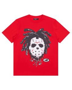 This tee comes in white and red variants both crafted with high-quality cotton-spandex materials. The front of the tee has a head wearing a Jason mask with dreads sticking out from behind. You can vaguely see a chain around the neck with charms hanging from them. Red Graphic Print Shirt For Streetwear, Red Graphic Tee With Front Print, Grunge Boy Style, Hell Star Shirt, Hell Star, Red Anime Print Graphic Tee, Red Harajuku Style Graphic T-shirt, Hood Drip, Y2k Designs