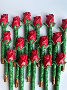 there are many red roses that are made out of green stems and grass on the table