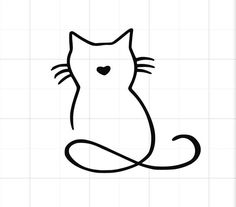 a black and white drawing of a cat with a heart on it's chest