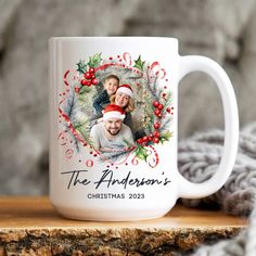 a white coffee mug with a christmas photo on it