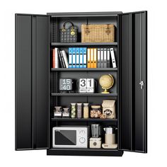 an open storage cabinet filled with books and other items