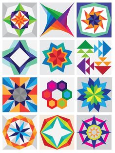 an assortment of colorful geometric designs on a white background, each with different shapes and sizes