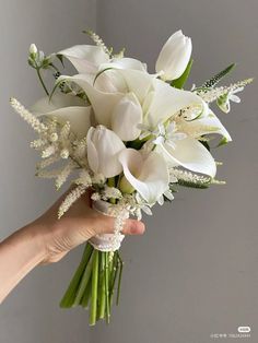 a hand holding a bouquet of white flowers