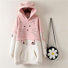 Harajuku Pink, Korea Girl, Pullovers Outfit, Stylish Hoodies, Trendy Hoodies, Kawaii Fashion Outfits, Cat Hoodie, Kawaii Clothes, Girls Fashion Clothes