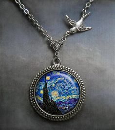 Starry Night Flight Van Gogh necklace (Listing 02) A vintage style necklace in an antique silver finish features a sweet little bird in flight (nightingale?)and Van Goghs beautiful Starry Night dangling from an old-fashioned rosary connector. The pendant measures 1-3/16 across Celestial Round Pendant Necklace For Collectibles, Artistic Silver Necklace Collectible, Artsy Silver Round Pendant Jewelry, Nickel Free Fantasy Pendant Necklace, Nickel-free Fantasy Pendant Necklace, Artistic Silver Necklaces, Fantasy Pendant Necklace Nickel Free, Fantasy Nickel-free Pendant Necklace, Artistic Round Pendant Necklace