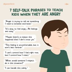 A beige graphic with a young boy with a green t-shirt with a green title that reads 7 Self-Talk Phrases To Teach Kids When They Are Angry with bubbles around with text that says "Anger is trying to tell me something, let me breathe and listen." Uppfostra Barn, Positive Parenting Solutions, Education Positive, Parenting Knowledge, Parenting Solutions, Affirmations For Kids, Parenting Help, Mindful Parenting, Conscious Parenting